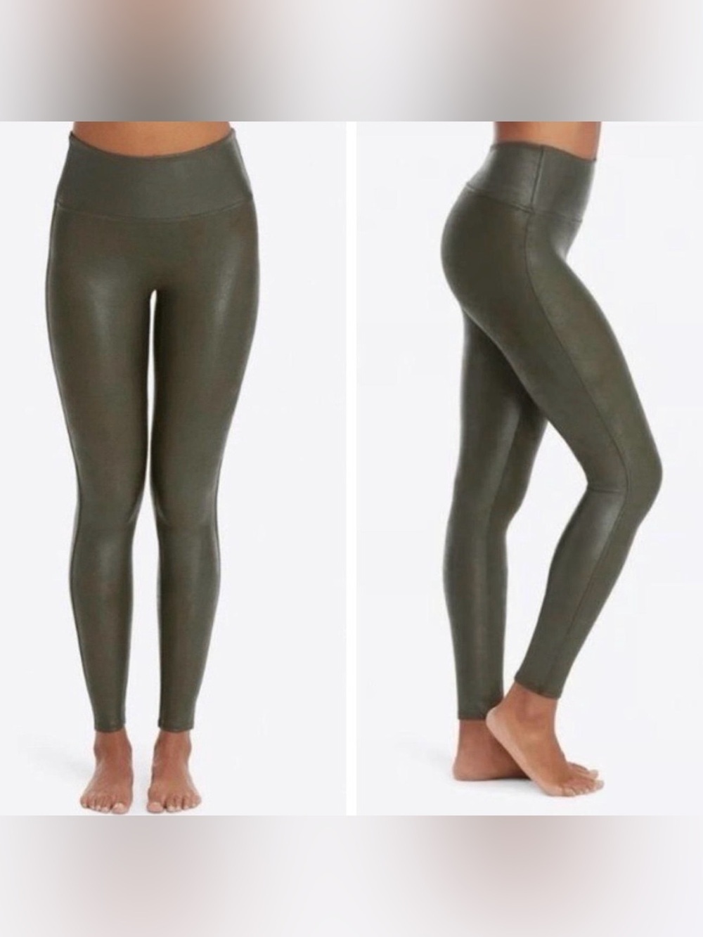 SPANX High Waisted Tummy Control Faux Leather Green Leggings Size Medium